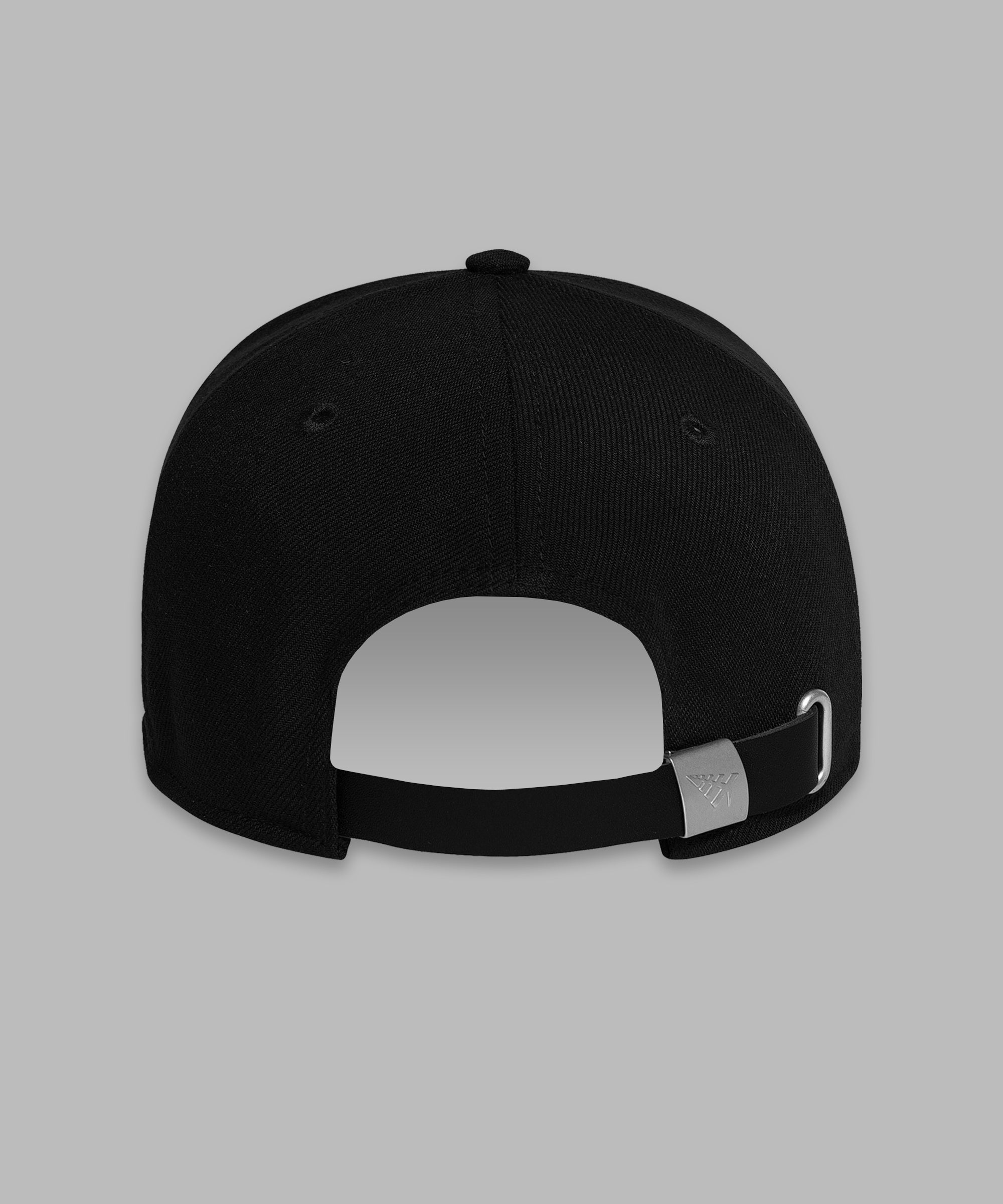 back of black paper plane dad hat showing adjustable strap